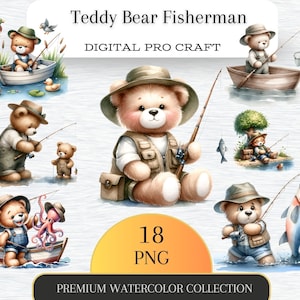 Acuarela oso de peluche pescador clipart png, imágenes prediseñadas de oso de peluche, oso de acuarela, imágenes prediseñadas de baby shower, oso lindo, descarga digital