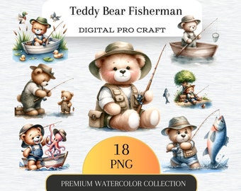 Watercolor Teddy bear fisherman clipart png, teddy bear clipart, watercolor bear, baby shower clipart, cute bear, digital download