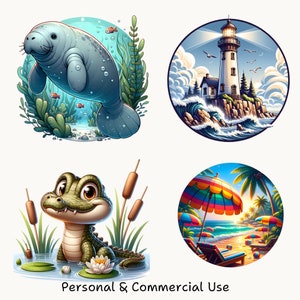 K&ouml;nnte beinhalten: Vier farbenfrohe runde Illustrationen. Ein Manati schwimmt unter Wasser mit Fischen. Ein Leuchtturm auf einer Felsklippe mit Wellen. Ein Cartoon-Alligator sitzt im Wasser. Eine Strandszene mit Sonnenschirmen.