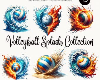 Volleyball Splash Clipart Set - Feuer, Wasser, Sand Splash Designs für Sublimation, sofortiger Download, hochwertige PNG Sport Grafiken