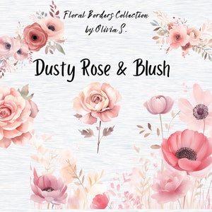 Puede incluir: Una colección de bordes florales de color rosa polvoriento y rubor. Los bordes presentan varias flores, incluyendo rosas, anémonas y otras flores delicadas. Las flores están pintadas en un estilo acuarela y tienen un toque suave y romántico.