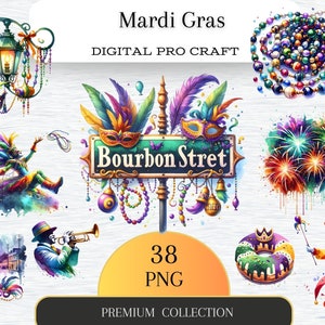 Clipart de coleção de carnaval em aquarela, 38 PNG clipart de flor de lis, colar de contas, terça-feira gorda PNG, clipart de Nova Orleans, uso comercial