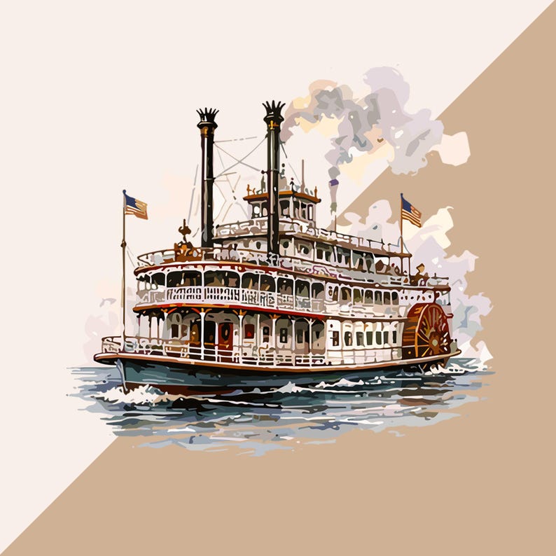 May include: A multi-deck paddle steamer boat with two tall black smokestacks emitting smoke, featuring white railings, a large rear paddle wheel, and two American flags flying from poles on the bow and stern, navigating through blue water.