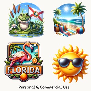 K&ouml;nnte beinhalten: Eine Sammlung von vier farbenfrohen Cartoon-Illustrationen. Ein Alligator, eine Strandszene, ein Flamingo mit dem Wort "FLORIDA" und eine l&auml;chelnde Sonne mit Sonnenbrille. Der Satz "Personal & Commercial Use" steht unten.