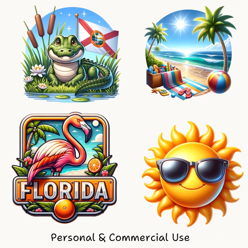 K&ouml;nnte beinhalten: Eine Sammlung von vier farbenfrohen Cartoon-Illustrationen. Ein Alligator, eine Strandszene, ein Flamingo mit dem Wort "FLORIDA" und eine l&auml;chelnde Sonne mit Sonnenbrille. Der Satz "Personal & Commercial Use" steht unten.