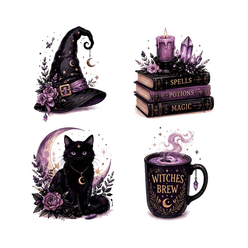May include: A digital illustration featuring witchy elements. A black witch hat with purple accents and floral details, a stack of spell books, a black cat with a crescent moon necklace, and a mug that says "Witches Brew".