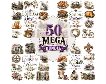 50 Louisiana Bayou Clipart Bundle, Southern Life PNG, Crawfish Boil, Fleur De Lis, New Orleans Art, Sublimation Designs, Digital Download