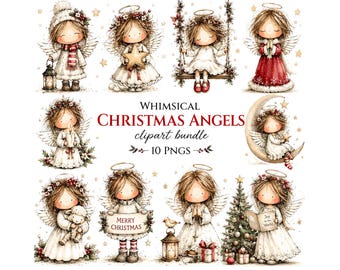 Whimsical Christmas Angel Clipart Bundle | 10 Watercolor Angel PNGs, Holiday Illustrations for Cards, Junk Journals, and Festive DIY Crafts