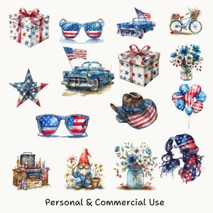 May include: A collection of watercolor illustrations featuring patriotic American themes. The illustrations include a red, white, and blue gift box, a pair of sunglasses, a vintage car, a star, a cowboy hat, a bouquet of flowers, balloons, a gnome, and a woman's face.