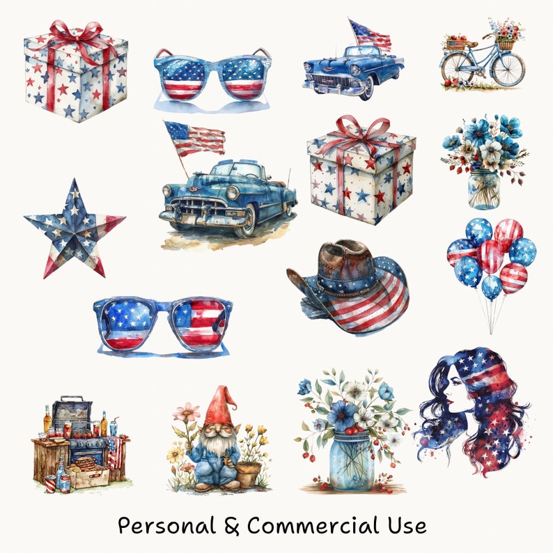 May include: A collection of watercolor illustrations featuring patriotic American themes. The illustrations include a red, white, and blue gift box, a pair of sunglasses, a vintage car, a star, a cowboy hat, a bouquet of flowers, balloons, a gnome, and a woman's face.