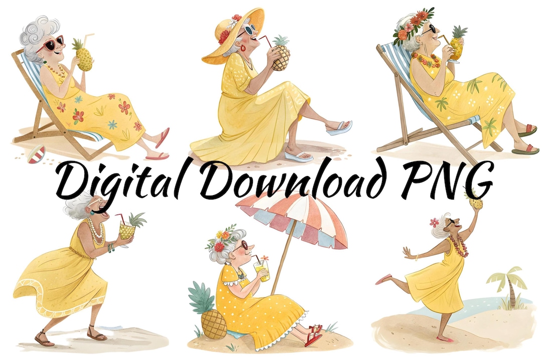 Funny Old Lady Beach Clipart Bundle, Summer Elderly Grandma Sticker PNG ...
