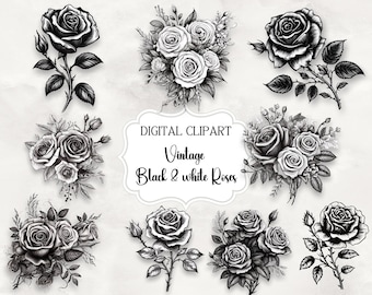 Paquete de imágenes prediseñadas digitales de rosas en blanco y negro: ilustraciones vectoriales, gráficos imprimibles, descarga instantánea, uso comercial, manualidades de papel