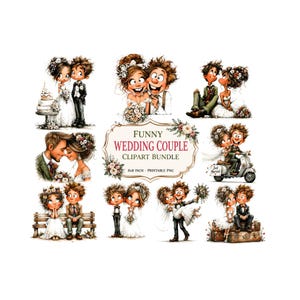 Funny Wedding Couple Clipart Bundle, Whimsical Bride and Groom PNG, Cute Wedding Illustrations, Humorous Marriage Graphics, Digital Download