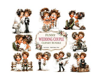 Funny Wedding Couple Clipart Bundle, Whimsical Bride and Groom PNG, Cute Wedding Illustrations, Humorous Marriage Graphics, Digital Download