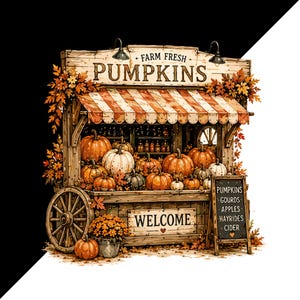 Puede incluir: Un puesto de granja de madera con toldo a rayas, que exhibe varias calabazas naranjas y blancas. Un letrero dice FARM FRESH PUMPKINS y WELCOME. Una pizarra enumera PUMPKINS, GOURDS, APPLES, HAYRIDES y CIDER. El puesto incluye una rueda de carro y hojas.