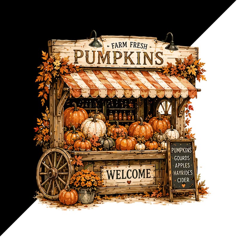 Puede incluir: Un puesto de granja de madera con toldo a rayas, que exhibe varias calabazas naranjas y blancas. Un letrero dice FARM FRESH PUMPKINS y WELCOME. Una pizarra enumera PUMPKINS, GOURDS, APPLES, HAYRIDES y CIDER. El puesto incluye una rueda de carro y hojas.