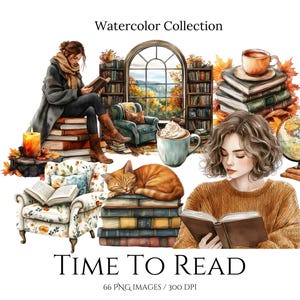 Tempo per leggere Clipart Bundle, clipart accogliente ad acquerello, clipart amante dei libri, clipart libri, clipart topi di biblioteca, clipart autunno, download