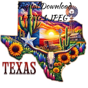 Texas PNG-clipart met zonsondergang achtergrond - iconische symbolen, waaronder cactussen, windmolen, Longhorn-schedel en Bluebonnets jpg, digitale download