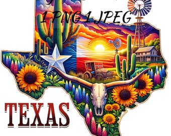 Puede incluir: Una ilustración colorida del estado de Texas con un cielo de puesta de sol, cactus, flores silvestres, una calavera y la palabra "TEXAS" en letras rojas.