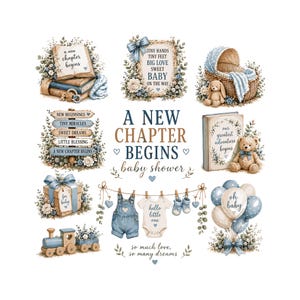 May include: A collection of baby shower themed illustrations featuring books, a wicker bassinet, a teddy bear, a wooden train, balloons, and baby clothing hanging on a line. Text includes A NEW CHAPTER BEGINS, baby shower, and various phrases.