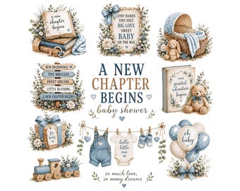 A New Chapter Begins Baby Shower Clipart, Watercolor Blue Nursery Graphics, Storybook Vintage Teddy Bear & Books PNG Bundle, Baby Boy DIY