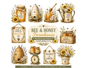 Bee & Honey Farmhouse Clipart Bundle, Watercolor Beehives-Sunflowers, Honey Jar PNG Graphics, Rustic Garden Illustrations, Digital Art
