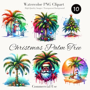Clipart de palmera navideña, acuarela tropical PNG de vacaciones, descarga digital para uso comercial, árbol de Navidad de verano