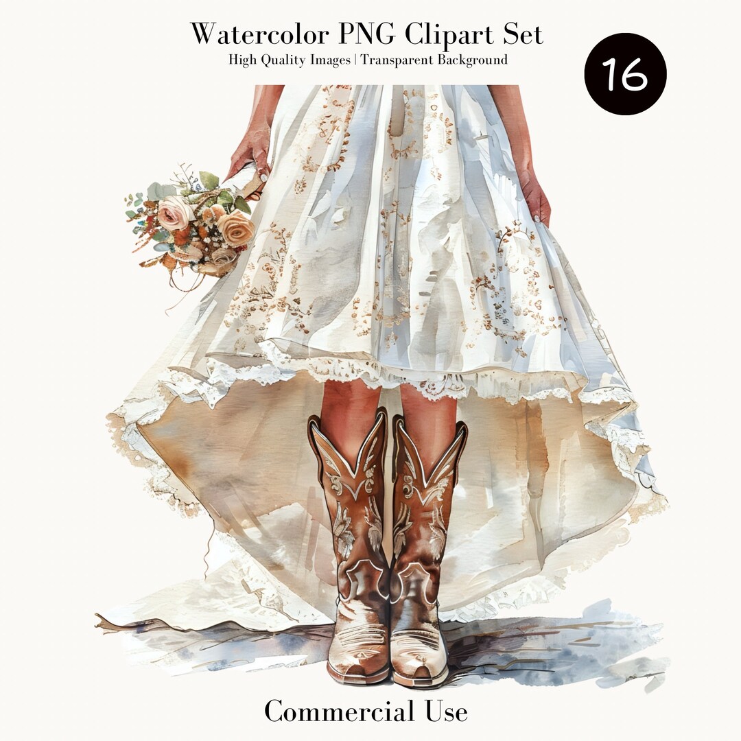 Cowgirl Bride Clipart, Watercolor Wedding Dress With Boots, Western Bridal  Illustration, Country Wedding PNG, Rustic Bride Digital Art - Etsy, image size:1080x1080
