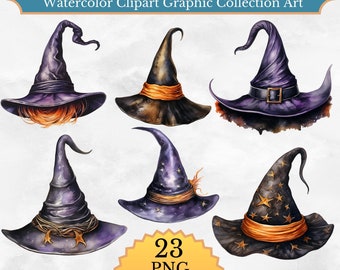 Witch Hat Clipart PNG, Watercolor Clip Art Bundle, Junk Journal, Paper Craft, Scrapbook, Digital Instant Download, Commercial Use