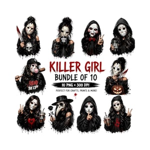 May include: A digital art bundle featuring ten illustrations of masked figures in black clothing. The images include figures holding weapons, drinks, and other props. The text "KILLER GIRL" and "BUNDLE OF 10" are also present.