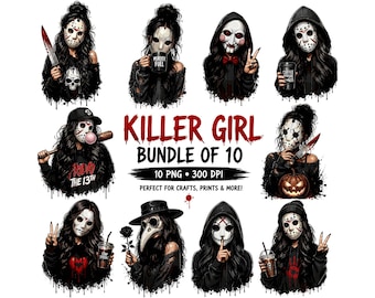 Paquete de imágenes PNG de Killer Girl / Imágenes prediseñadas de personajes de terror / Sublimación de Slasher Girl / Diseños DTG estéticos y espeluznantes de Halloween / Máscaras góticas PNG