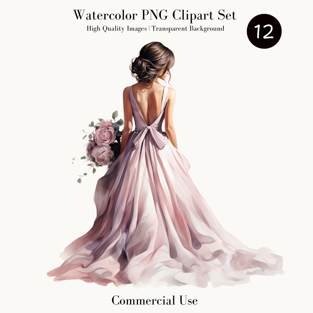 Elegant Watercolor Bride Clipart, Pink Wedding Dress Illustration ...