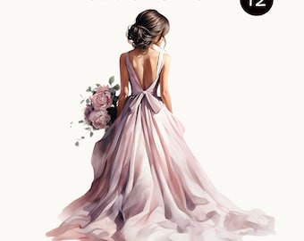 Elegant Watercolor Bride Clipart, Pink Wedding Dress Illustration, Bridal PNG, Transparent Background, Digital Download,Wedding Day