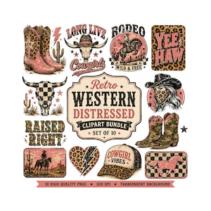Retro Western Distressed Clipart Bundle | Cowgirl PNG Sublimation Designs | Leopard Cowboy Boot Rodeo Graphics | Vintage Western Digital Art