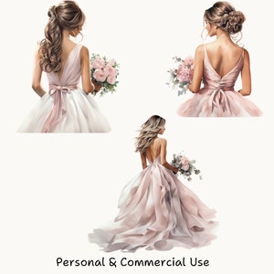Elegant Watercolor Bride Clipart, Pink Wedding Dress Illustration ...