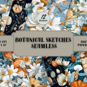 Botanical Sketches SEAMLESS Patterns - Vintage Flowers Digital Paper - 12 Designs - 12x12in - Commercial Use - Flower Sketches