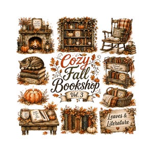 May include: A collection of autumn-themed illustrations featuring a fireplace, bookshelves, a rocking chair, a cat on books, a pumpkin candle, a book cart, a basket of books, a desk with a book, and a sign reading Cozy Fall Bookshop Vol. 3 Leaves & Literature.
