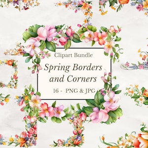 16 Spring Flower corners Clipart, Flower corners, Flower borders, PNG & JPGs, Digital Download, Digital Paper Craft, Watercolor clipart