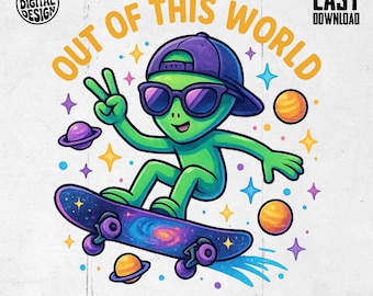 Alien Skateboard Sublimation Clipart png,Out of this world Digital Download, Space Illustration,Trendy Design for T shirts,Tumblers,Crafts
