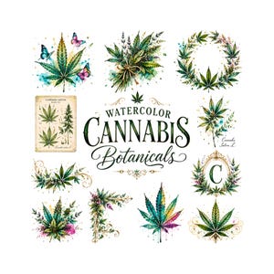 Peut inclure: Une collection d'illustrations botaniques de cannabis &agrave; l'aquarelle pr&eacute;sentant divers motifs de feuilles vertes, une couronne, une impression encadr&eacute;e &eacute;tiquet&eacute;e Cannabis Sativa et le texte Watercolor Cannabis Botanicals, agr&eacute;ment&eacute; de papillons et de fioritures dor&eacute;es.