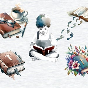 May include: A watercolor illustration of a young person sitting cross-legged and reading a book with a cross on the cover. There are other books with crosses on the covers, a cup of coffee, and a bouquet of flowers with a book in the center.