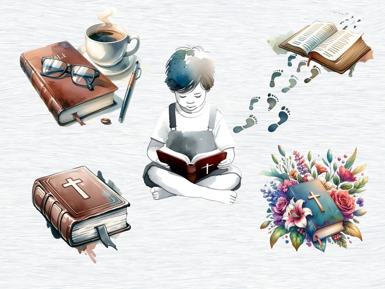 May include: A watercolor illustration of a young person sitting cross-legged and reading a book with a cross on the cover. There are other books with crosses on the covers, a cup of coffee, and a bouquet of flowers with a book in the center.