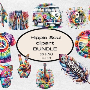 Hippie Soul Clipart Bundle, Digital Download, Boho Peace Van, Dreamcatcher, Retro Tie-Dye Patterns, 30 PNG Files,mug design, watercolor