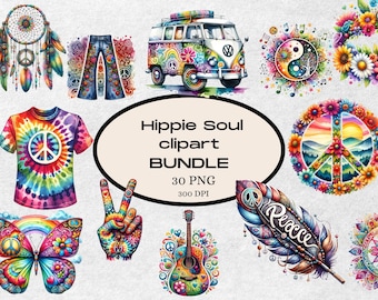 Hippie Soul Clipart Bundle, Digital Download, Boho Peace Van, Dreamcatcher, Retro Tie-Dye Patterns, 30 PNG Files,mug design, watercolor