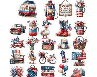 Patriotic Clipart Bundle, Watercolor 4th of July PNG, Rustic Americana Graphics, Vintage Truck, American Flag Decor, Sublimation Designs