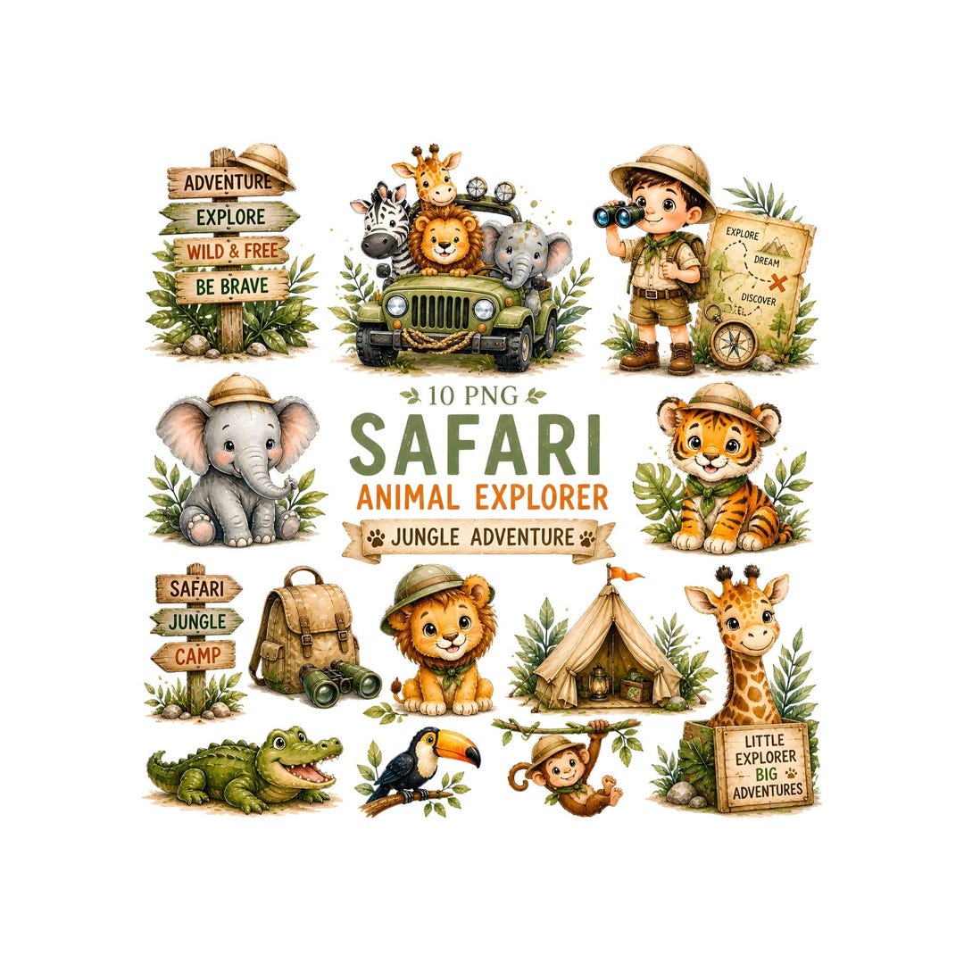 Safari Animal Explorer Clipart | Watercolor Jungle Baby Animals PNG ...
