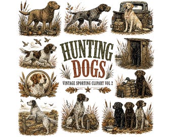 Vintage Hunting Dogs Clipart Bundle | Sporting Dog PNG | Labrador Pointer Spaniel Graphics | Rustic Outdoor Hunting Art | Digital Download