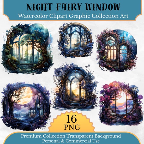 Night window watercolor clipart Fairy window clipart, Mystical window illustratio commercial use instant download spooky printables wall art