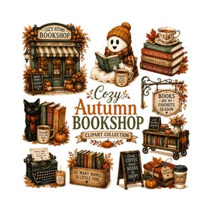 May include: A digital clipart collection featuring a cozy autumn bookshop theme, including a bookstore storefront, a ghost reading a book, stacks of books, a black cat, a typewriter, a wooden crate, and signs with text like Cozy Autumn Bookshop.