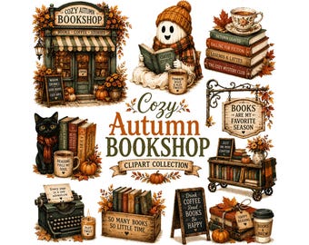 Cozy Autumn Bookshop Clipart | Reading Ghost & Fall Books PNG Bundle | Vintage Bookstore Graphics for Junk Journals, Scrapbooking Planners